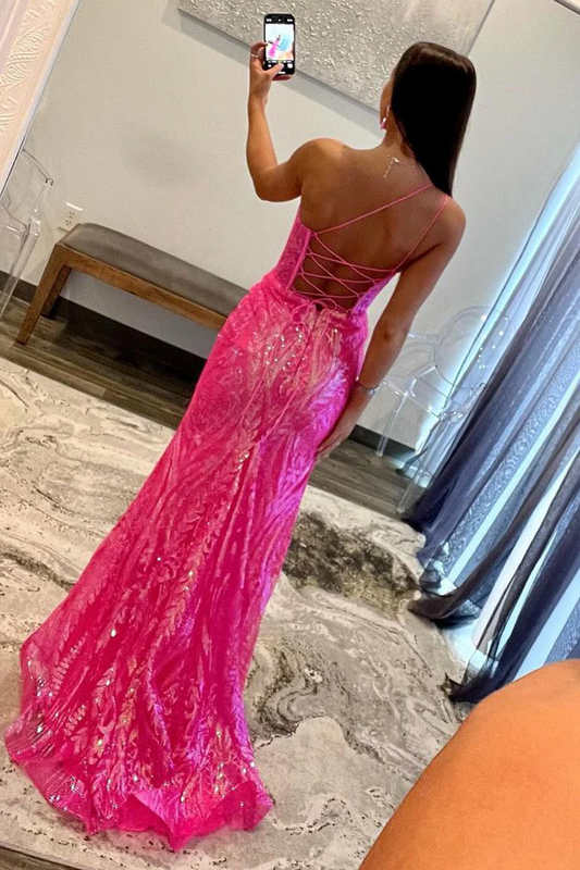 Fuchsia Sequin Lace Mermaid One-Shoulder Long Prom Dress, PD2404182