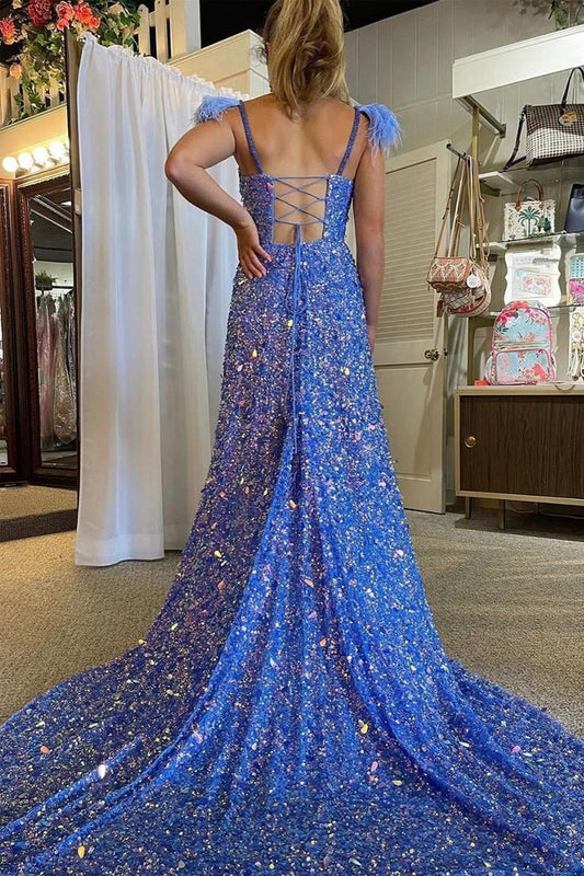 V Neck A-Line Spaghetti Straps Blue Sequins Long Prom Dress with Slit, PD25142