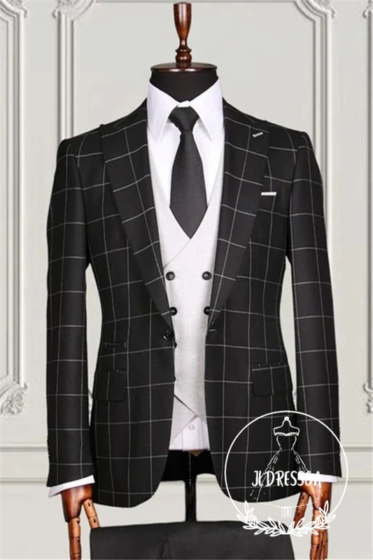 Black Plaid Fitting Peaked Lapel Men Suits For Business, SU25070