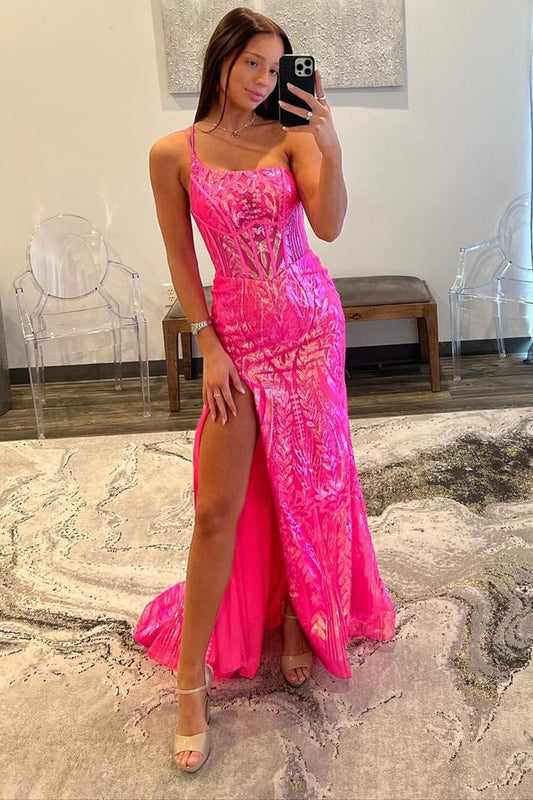 Sequins Lace Charming Mermaid One Shoulder Long Prom Dress, PD25413