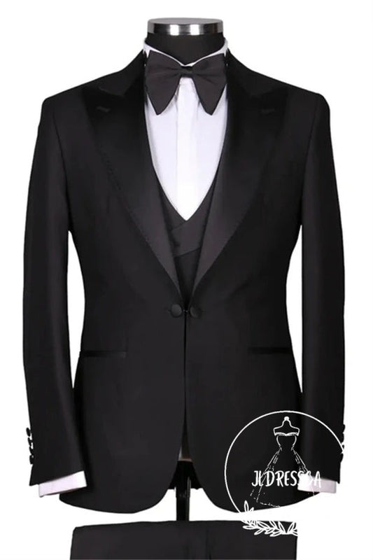 Black Peaked Lapel Three Pieces Slim Fit Wedding Men Suits, SU25170