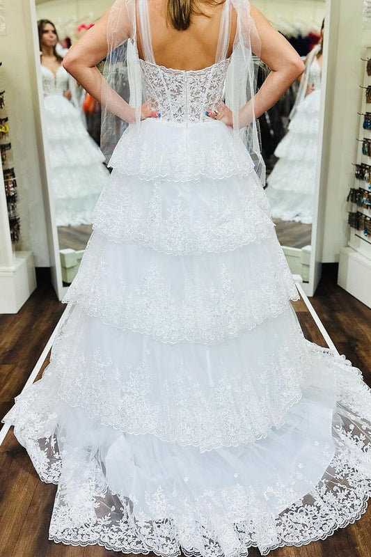 V Neck A Line White Ruffle Tiered Sequins Long Prom Dress, PD25062