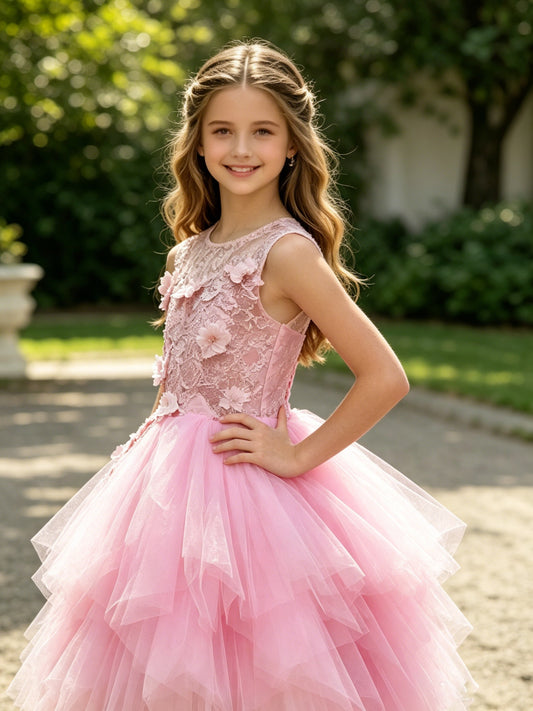 Girls Pink 3D Floral Lace Flower Girl Dress Sleeveless High Low Layered Tulle Ball Gown for Wedding, FGD06