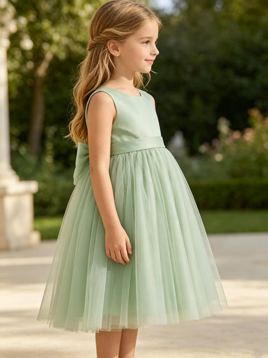Girls Sage Satin Tulle Flower Girl Dress Scoop Neck Sleeveless Tea Length A-Line with Back Bow for Wedding, FGD08