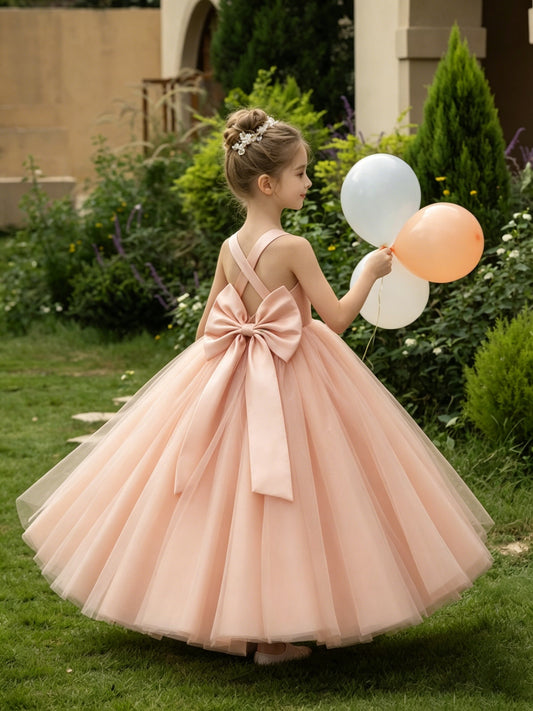 Girls Peach Satin Tulle Flower Girl Dress V Neck Sleeveless Ball Gown with Criss Cross Back and Big Bow for Wedding, FGD09