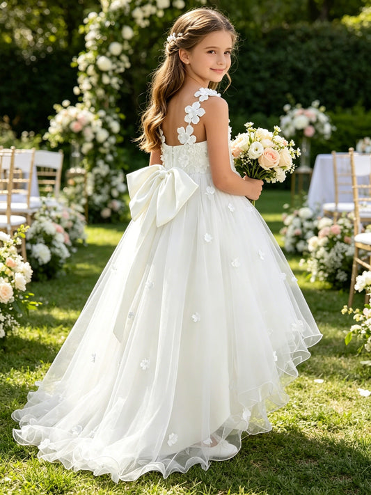 Girls White 3D Floral Applique Tulle Flower Girl Dress V Neck High Low with Big Back Bow for Wedding, FGD10