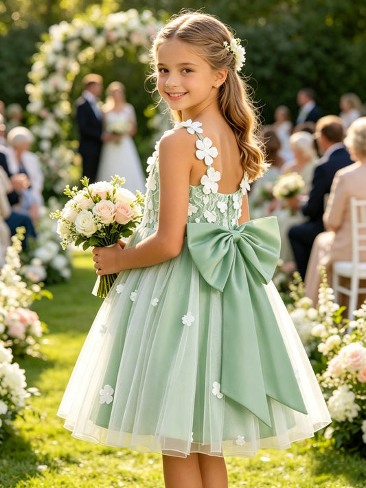 Girls Sage 3D Floral Applique Tulle Flower Girl Dress V Neck Knee Length with Big Satin Back Bow for Wedding, FGD11