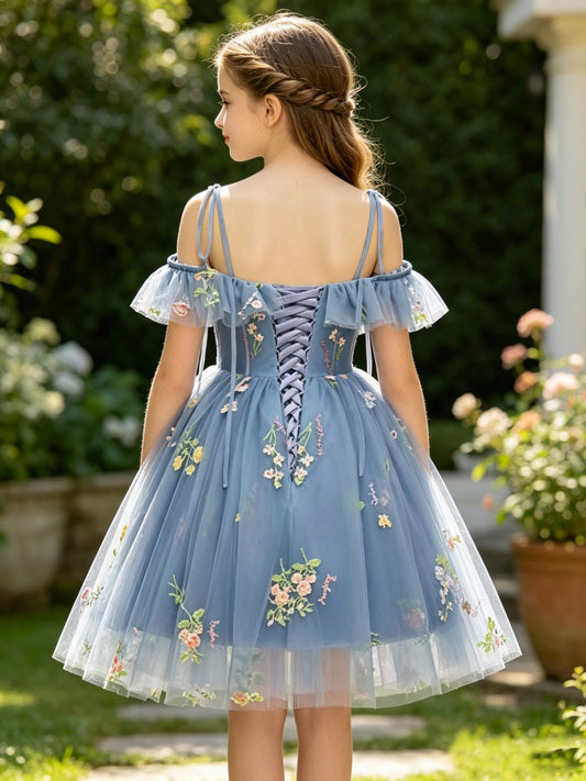 Girls Dusty Blue Floral Embroidered Tulle Flower Girl Dress Ruffle Cold Shoulder Corset Bodice Knee Length for Wedding, FGD13