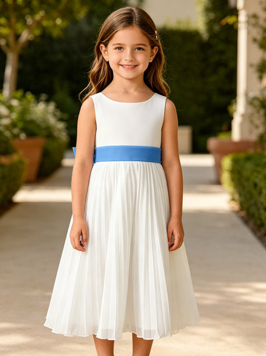 Girls Ivory Pleated Chiffon Flower Girl Dress Sleeveless Tea Length with Contrast Sash and Big Back Bow for Wedding, FGD17