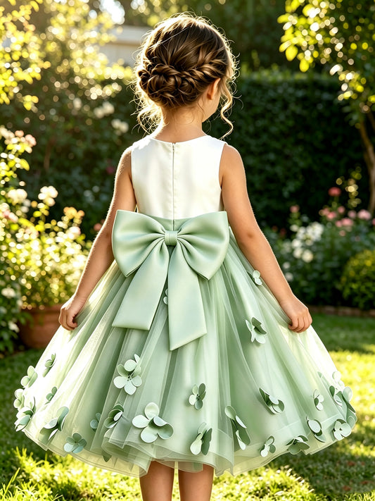 Girls Sage Tulle Flower Girl Dress Ivory Satin Bodice 3D Petal Appliques Knee Length with Big Back Bow for Wedding, FGD18