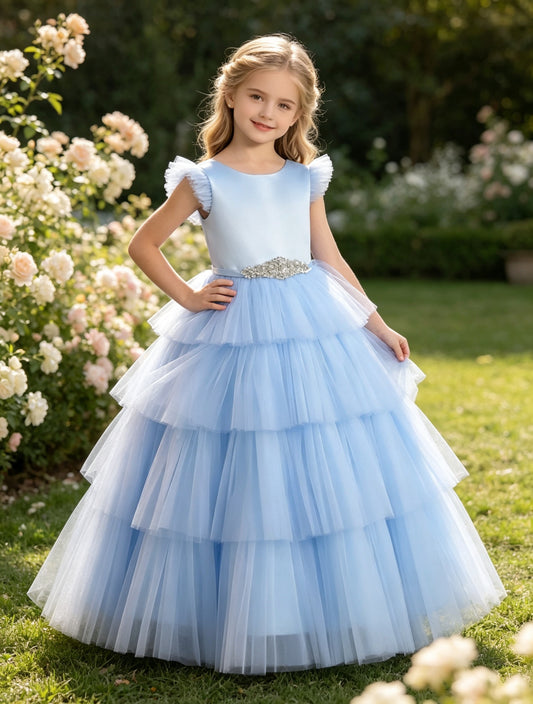 Girls Sky Blue Satin Flower Girl Dress Ruffle Cap Sleeves Tiered Tulle Ball Gown with Rhinestone Belt for Wedding, FGD19