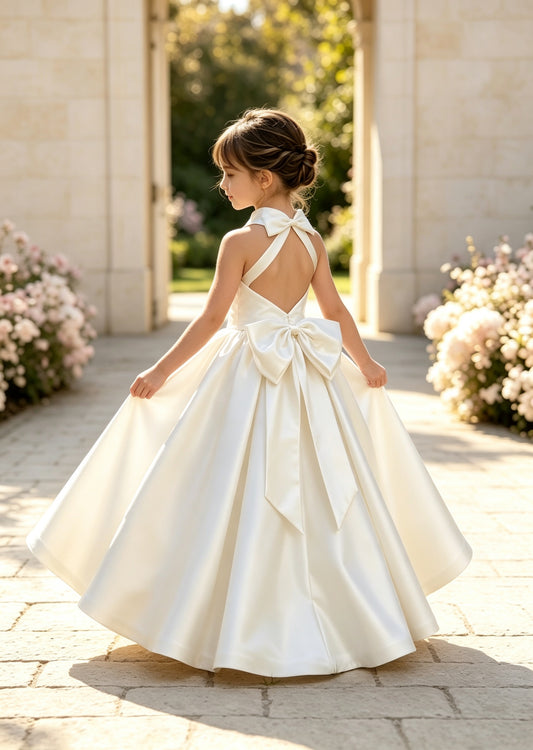 Girls Ivory Satin Flower Girl Dress Halter High Neck Open Back A-Line with Bow Sash for Wedding, FGD21