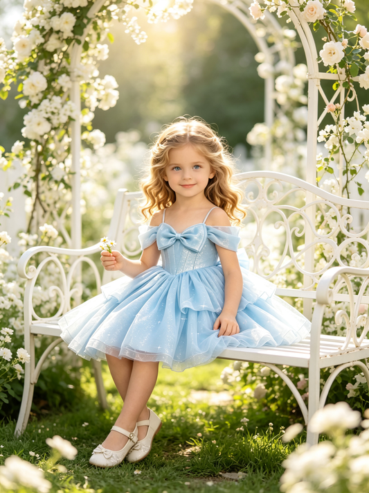 Girls Light Blue Sparkle Tulle Flower Girl Dress Off the Shoulder Bow Layered Knee Length for Wedding, FGD26