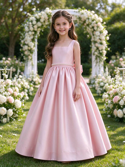 Girls Pink Satin Flower Girl Dress Square Neck Sleeveless Pearl Belt A-Line with Big Bow Lace-up Back for Wedding, FGD28