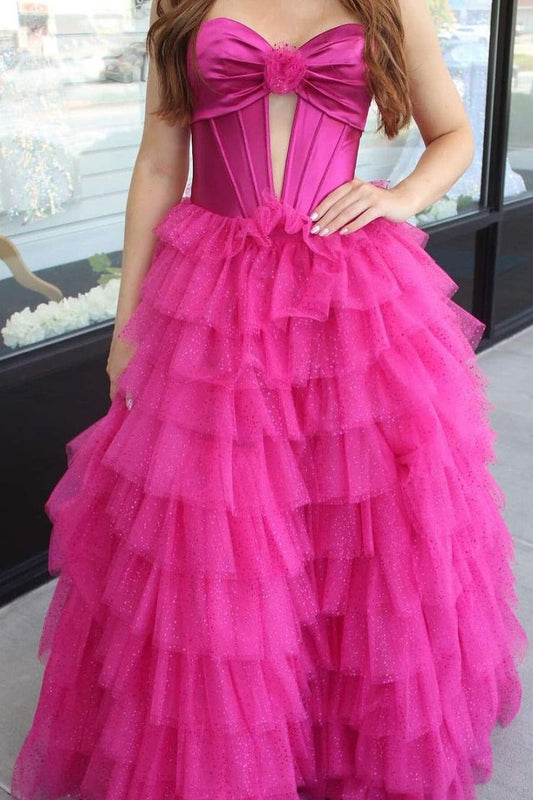 Sweetheart Fuchsia Ball Gown Keyhole Tiered Tulle Long Prom Dresses, PD25075