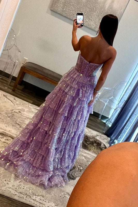 Strapless Ball Gown Lavender Sequins Ruffle Tiered Prom Dresses with Slit, PD25065