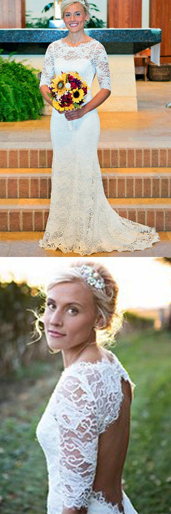 Half Sleeves Wedding Dress, White Mermaid Lace with Round Neck and Open Back, WD2305201
