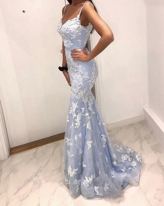 Light Sky Blue Sweetheart Tulle Prom Dress with White Appliques, PD2305054