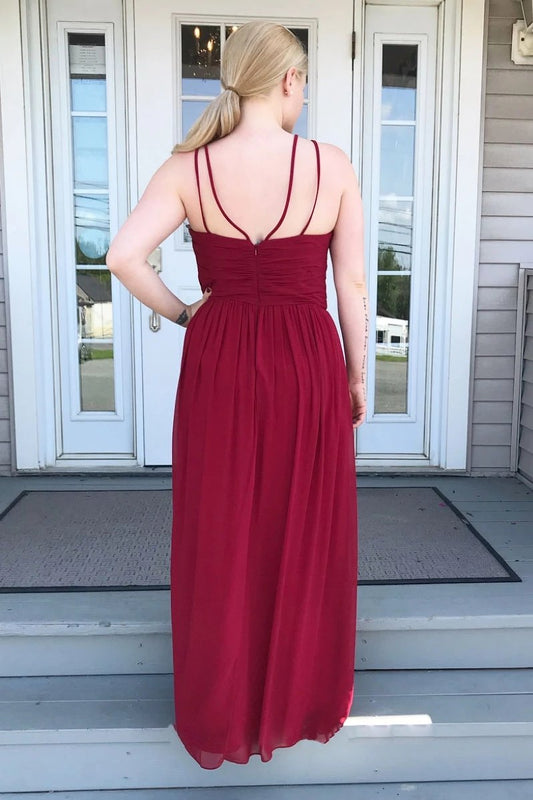 Burgundy Halter Pleated Chiffon Floor-Length A-Line Prom Dress, PD2306013