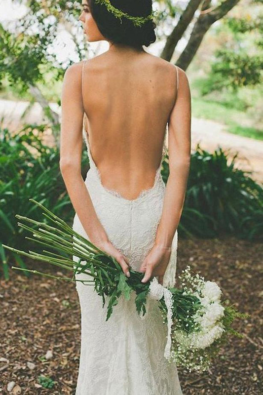 Wedding Dress with Sweep Train - White V-neck with Open Back and Spaghetti Straps, WD2305230