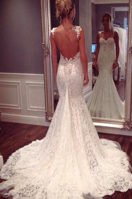 Modest Lace Mermaid Wedding Dress with Spaghetti Straps for Summer Weddings, WD2306262