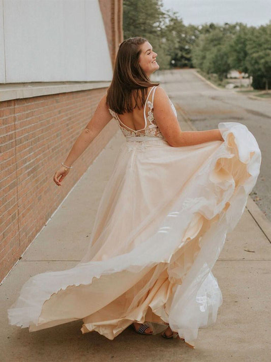 Ivory Ball Gown Sleeveless Lace Applique Tulle Plus Size Prom Dress , PD2310108
