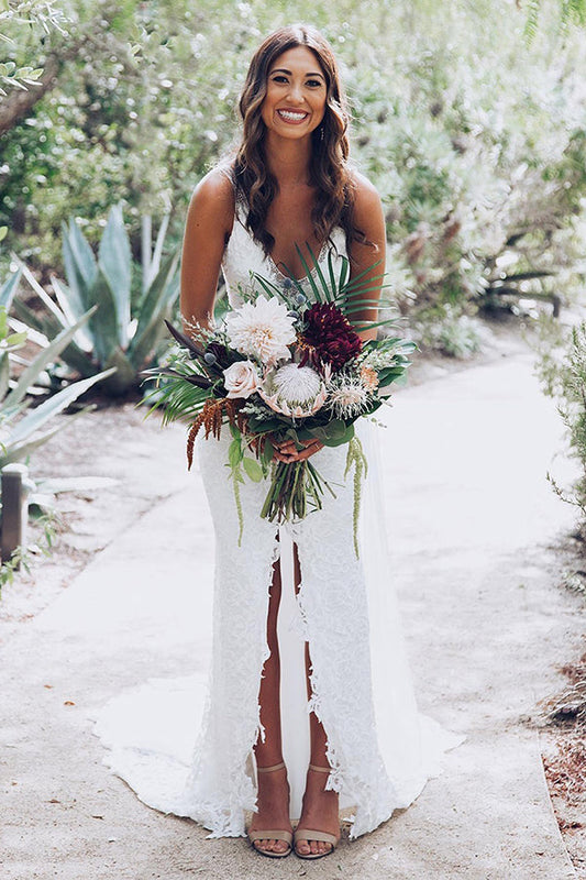 White Mermaid Wedding Dress with Deep V-Neck and Split, WD2305169