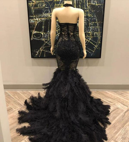 Sleeveless Sexy A-Line Mermaid Evening Gown Halter Feather Prom Dress Lace Appliques, PD23080310
