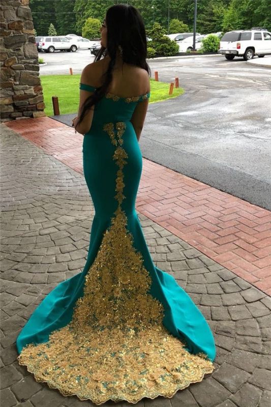Jade Satin Off-the-Shoulder Prom Dress with Gold Appliques, PD2305053