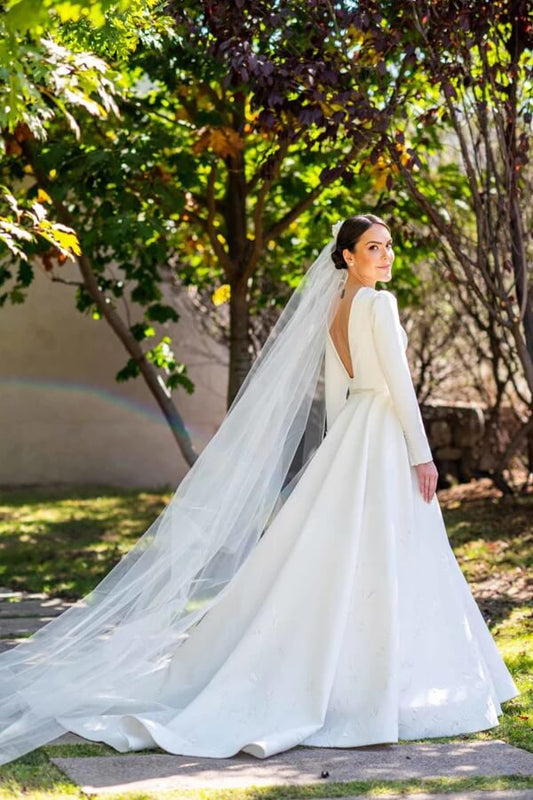 Ivory Satin A-line Long Sleeves Embroidery Modest Wedding Dress, WD2310195