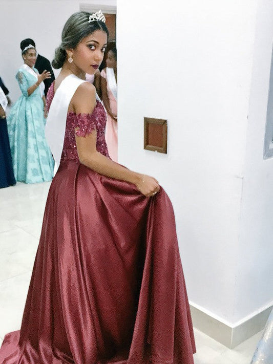 Burgundy A-Line Satin One-the-Shoulder Prom Dress with Long See-Through, PD2305244