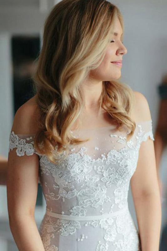Ivory Lace Mermaid Off-the-Shoulder Illusion Neckline Wedding Dress, WD2310182