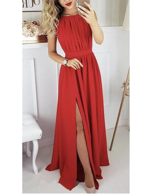 Red Satin Lace Scoop Neck Side Slit A-Line Prom Dress, PD2306054