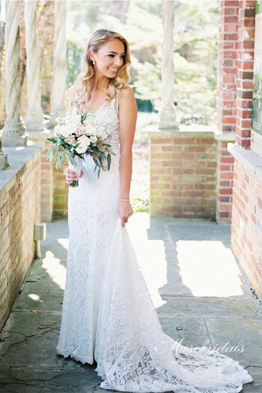 Ivory Lace Mermaid Backless V-neck Beach Wedding Dress, WD2310181