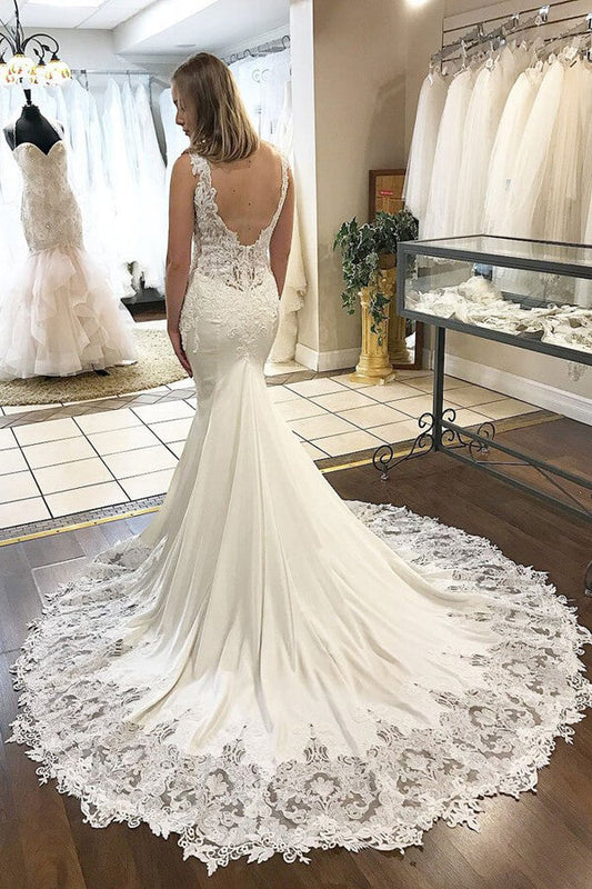 Satin and Lace Mermaid Wedding Dress with V-neck and Chapel Train Appliques, WD2404063