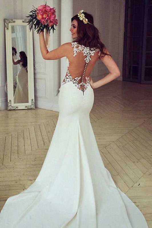 See-Through Lace Mermaid Wedding Dress with Sweep Train, WD2305094
