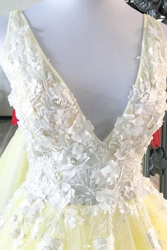 Yellow V-Neck Tulle Lace Long Formal Dress, PD2310176