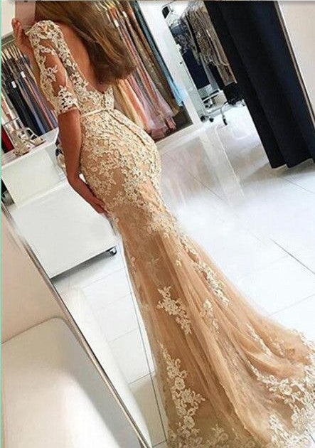 Short-Sleeved Tulle Trumpet Mermaid Prom Dress, PD2305206
