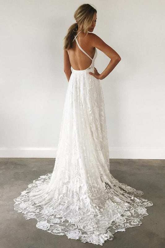 Elegant Lace Wedding Dress with Spaghetti Straps and Criss-Cross Details, WD2402013