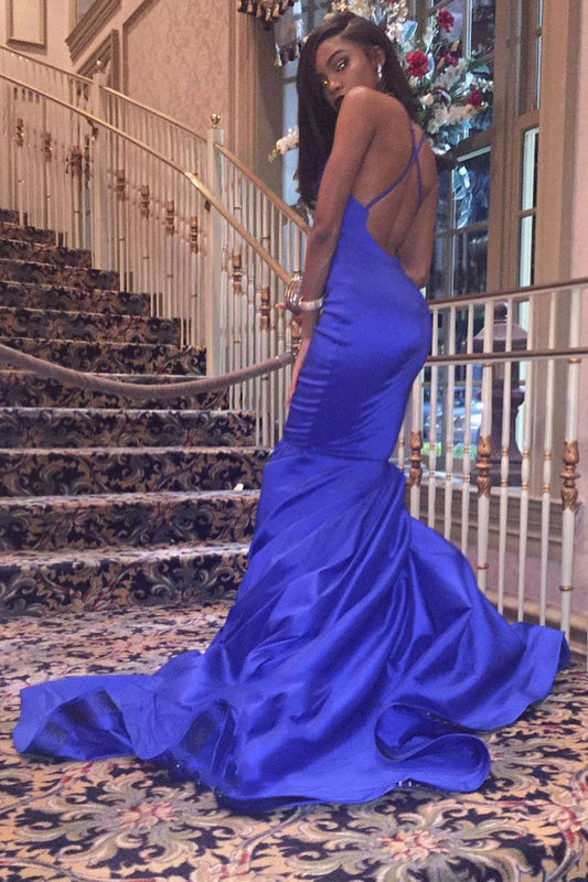 Sophisticated Royal Blue V Neck Backless Criss Cross Satin Mermaid Prom Dress, PD2305187