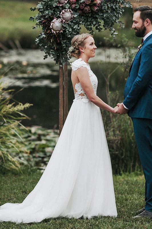 Ivory Tulle Rustic Lace Appliques V-neck Bridal Gown, WD2401293