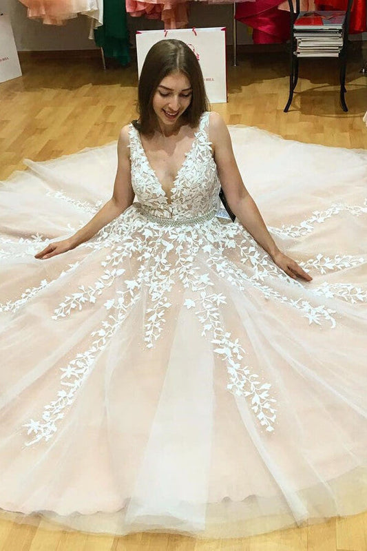 Ivory Beaded Prom Dresses with Lace A-line V-neck Wedding Dresses, WD2401252
