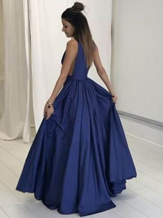 Navy Blue Deep V-Neck A-Line Satin Prom, PD2305249