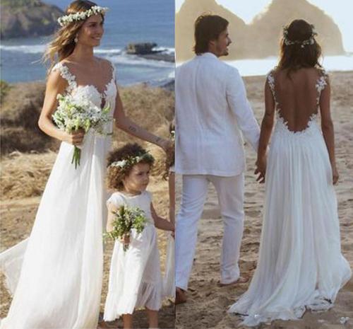Simple White Chiffon Open Back A-line Wedding Dress with Appliques, WD2306273