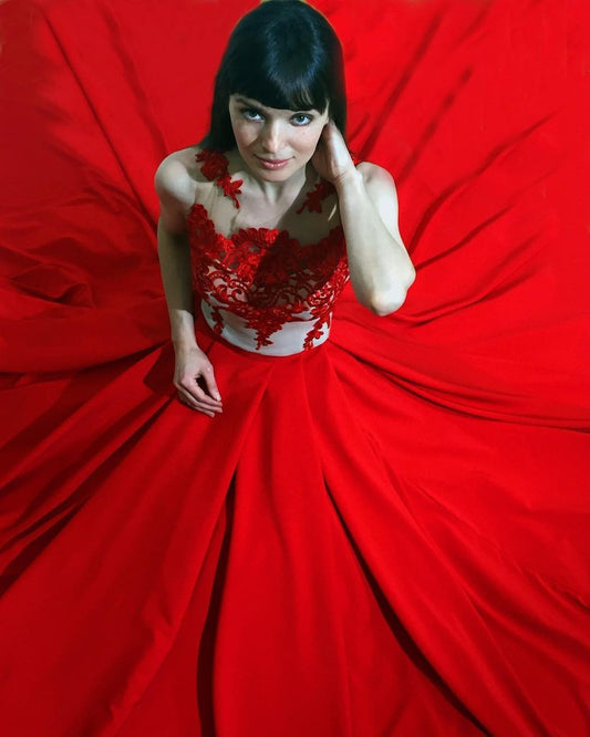 Red Appliques A-Line Satin Prom Dresses with Sleeveless Round Neck, PD2310136