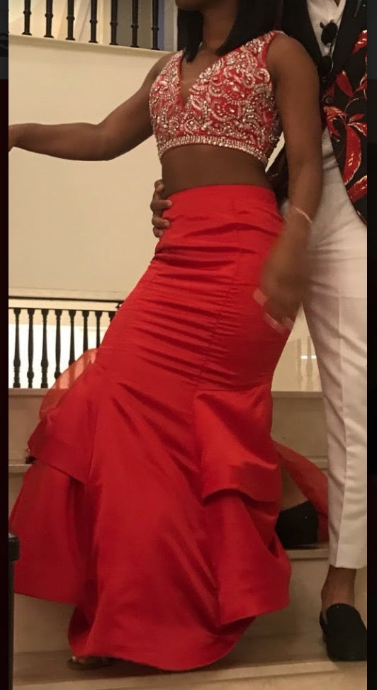 Red Two-Piece Mermaid Satin Prom Gown, PD2310317