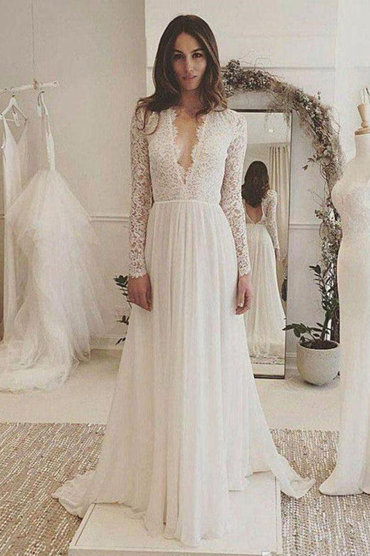 Ivory Chiffon Long Sleeve Backless V-Neck Wedding Dress with Lace, WD2306270
