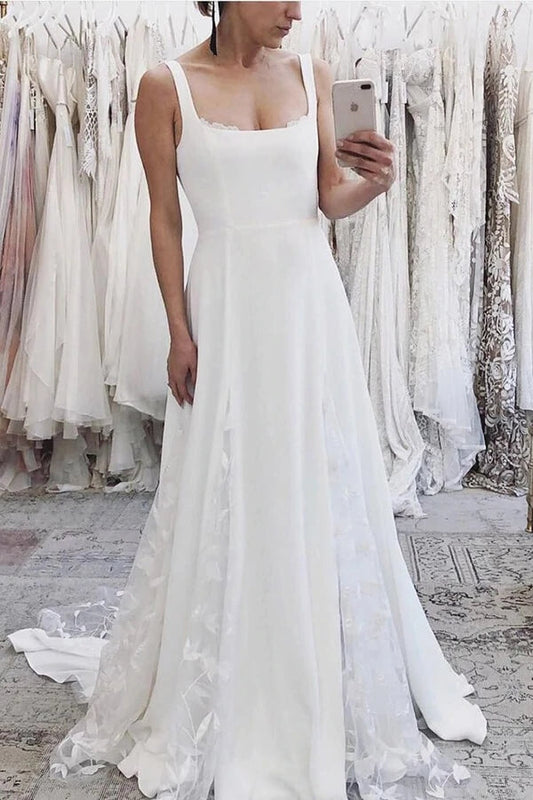 Ivory Satin A-line Spaghetti Straps Wedding Dress Wedding Gown, WD2310197