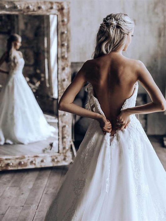 Lace A-line Sweetheart Strapless Wedding Dress with Sweep Train, WD2401295