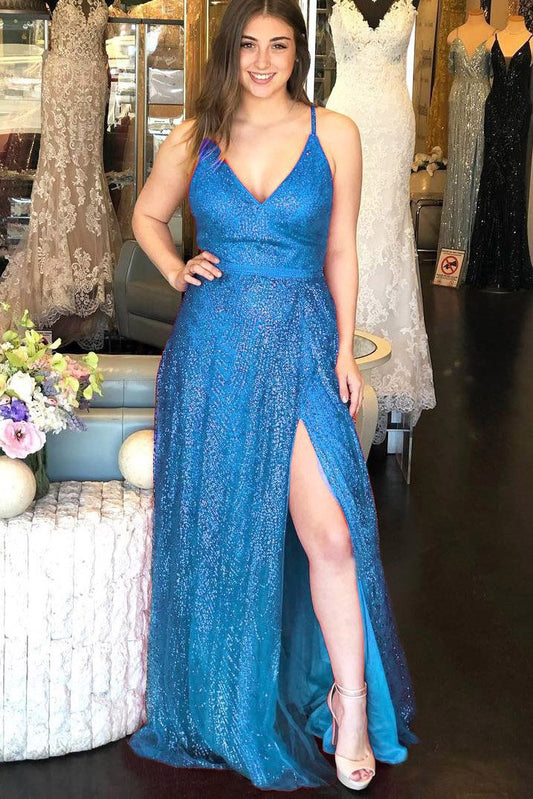 Red Halter Lace V-Neck Backless Side Slit A-Line Prom Dress, PD2306053